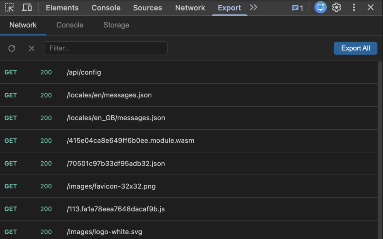 DevToolsExport panel showing captured page, console, network, storage, and environment data