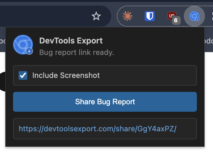 DevToolsExport popup with the Share Bug Report button and screenshot option