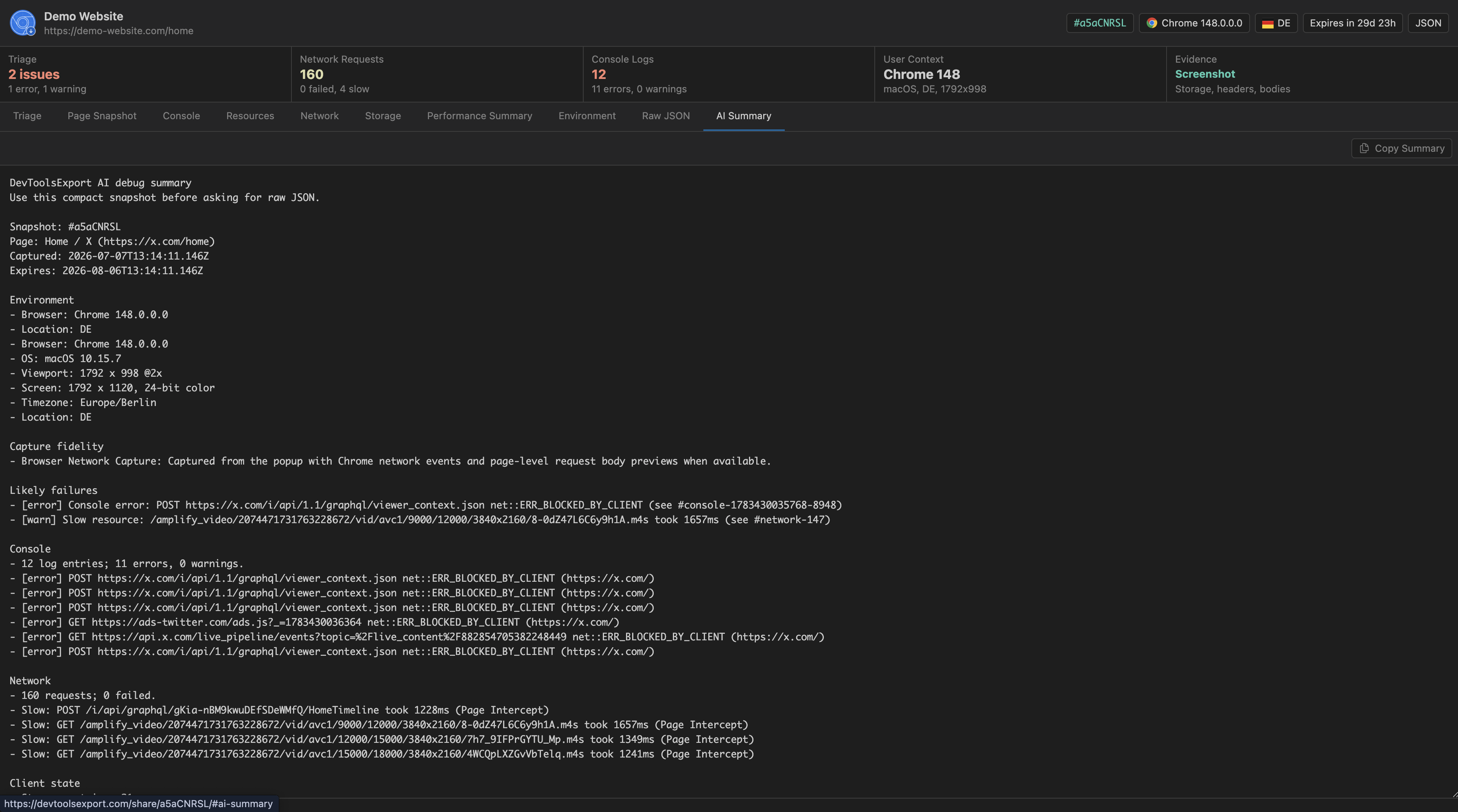 Shared report AI summary tab with a compact debugging brief