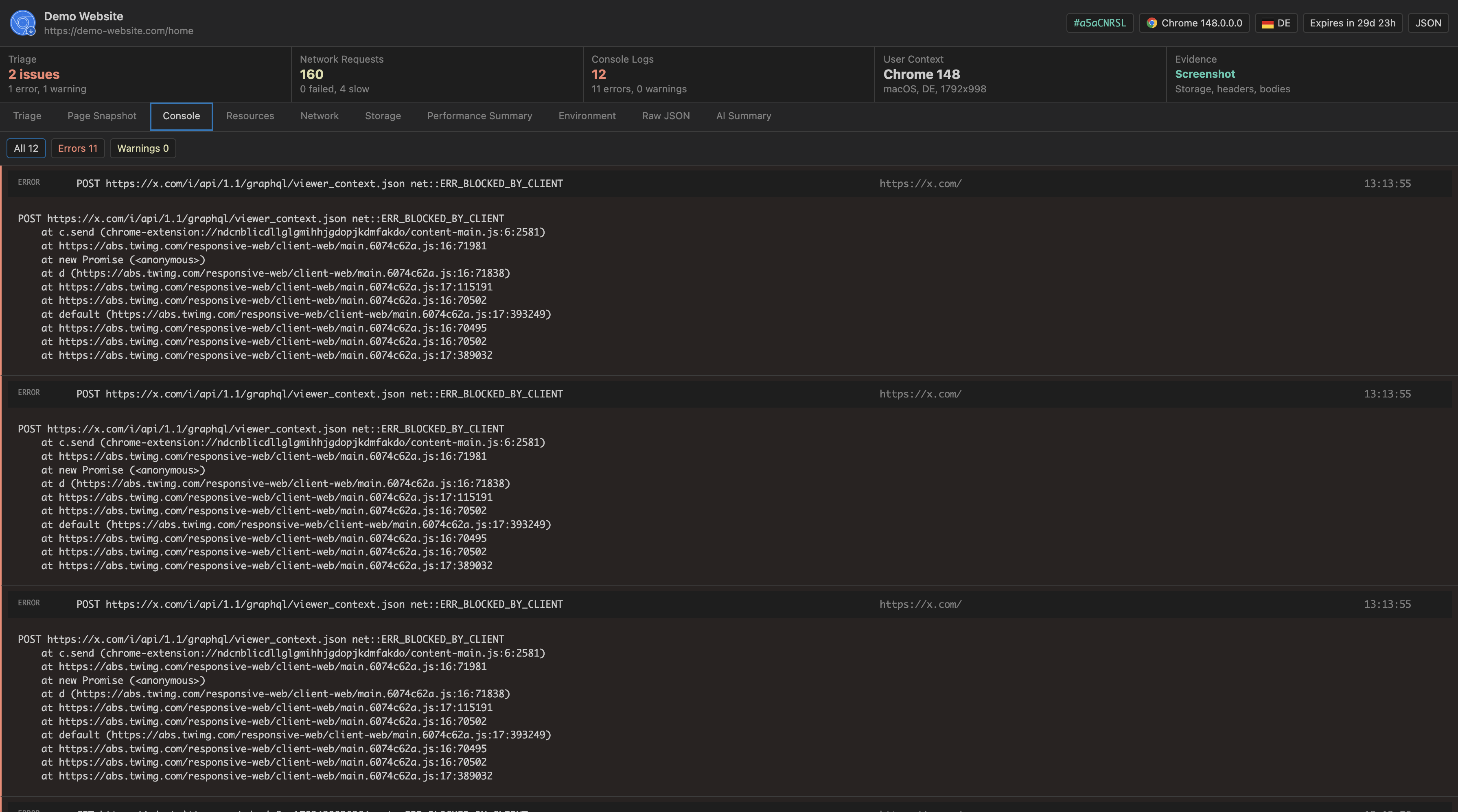 Shared report console tab showing captured errors and warnings