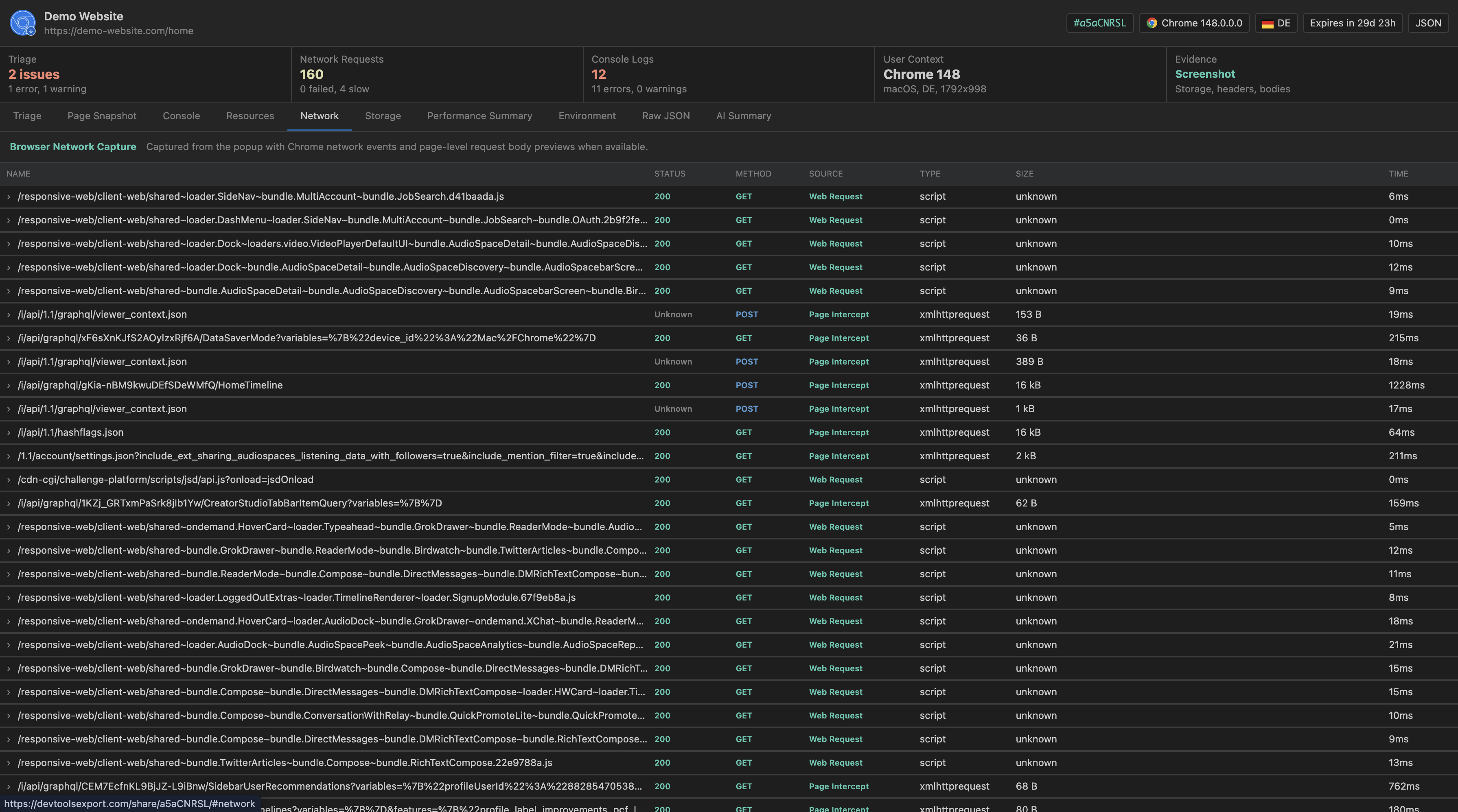 Shared report network tab showing request status, method, source, type, size, and timing